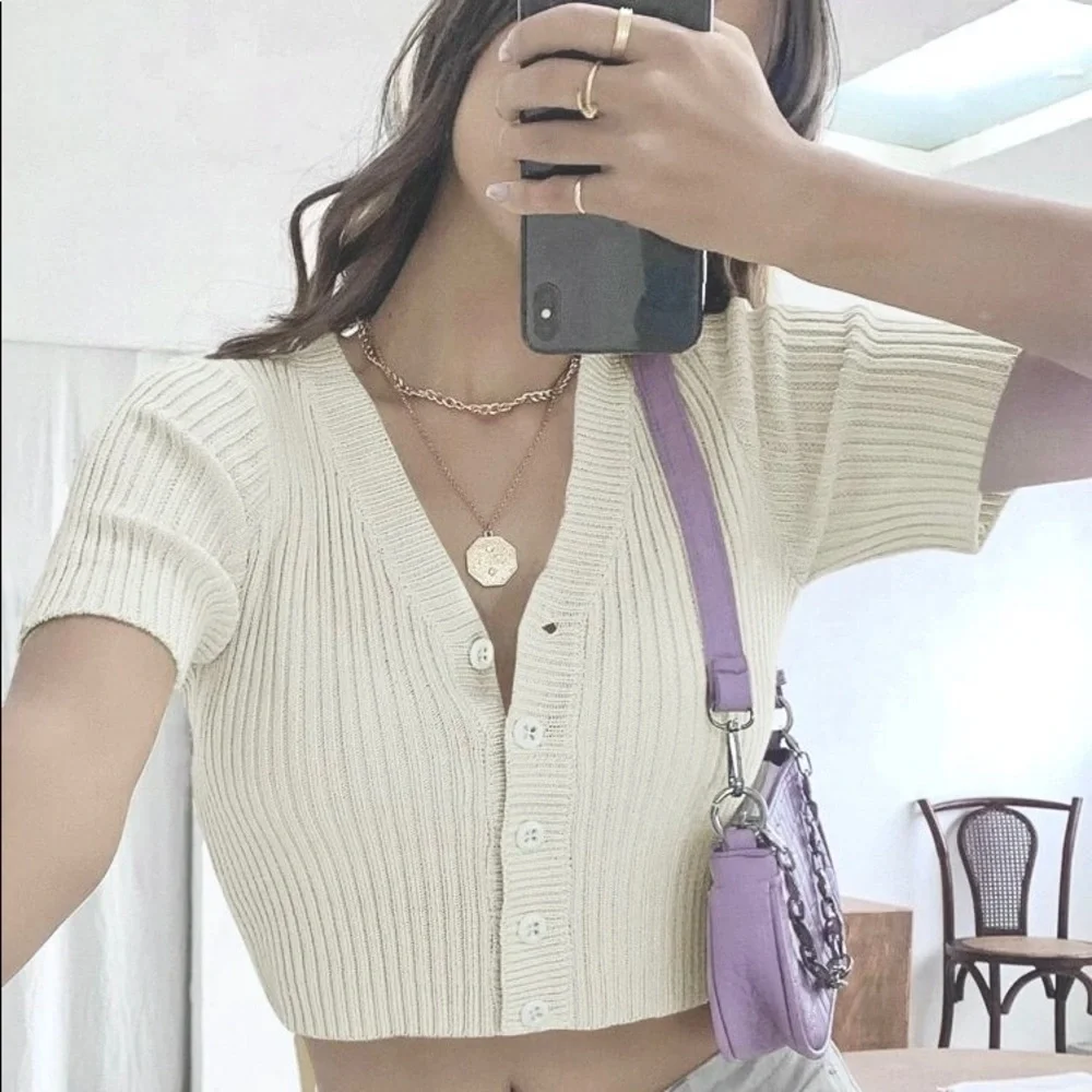 Fitted Rib-knit Top Button Front V Neck Crop Cardigan - Picture 1 of 9